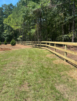 A grassy area with a wooden fence and trees in the background.