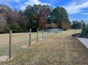 A fenced grassy area with trees in the background and a sandy pathway on the right.