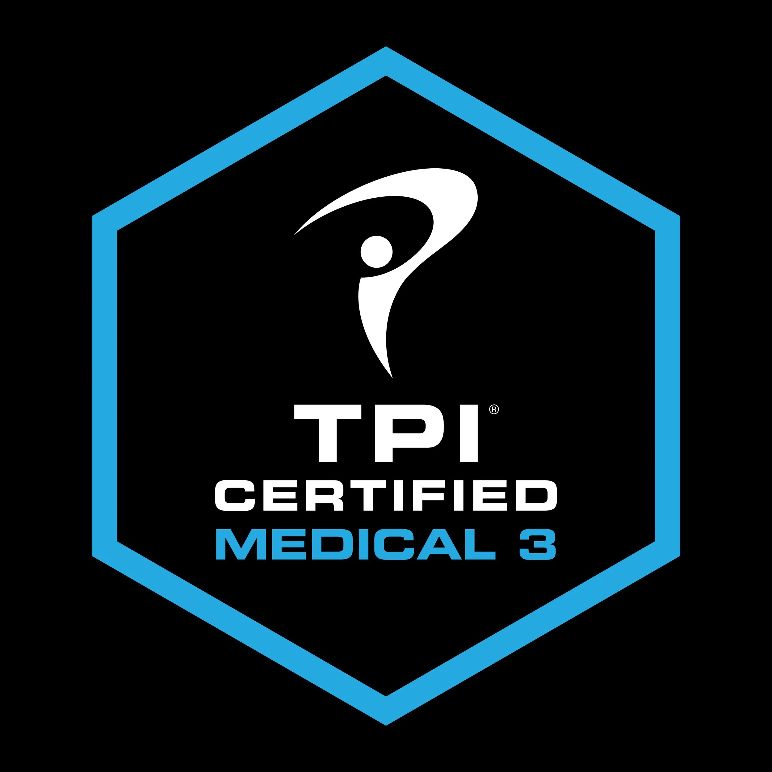 TPI Certified Medical 3 badge with a hexagon border, logo of a stylized human figure, and text in white and blue on a black background.