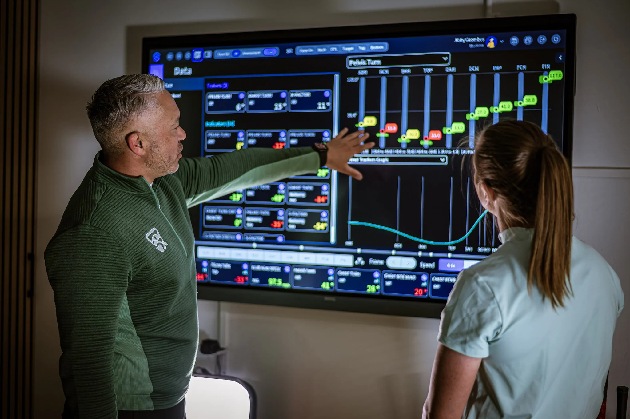 Two individuals discuss data displayed on a large screen, which shows a graph and various data points related to a scientific or medical analysis.