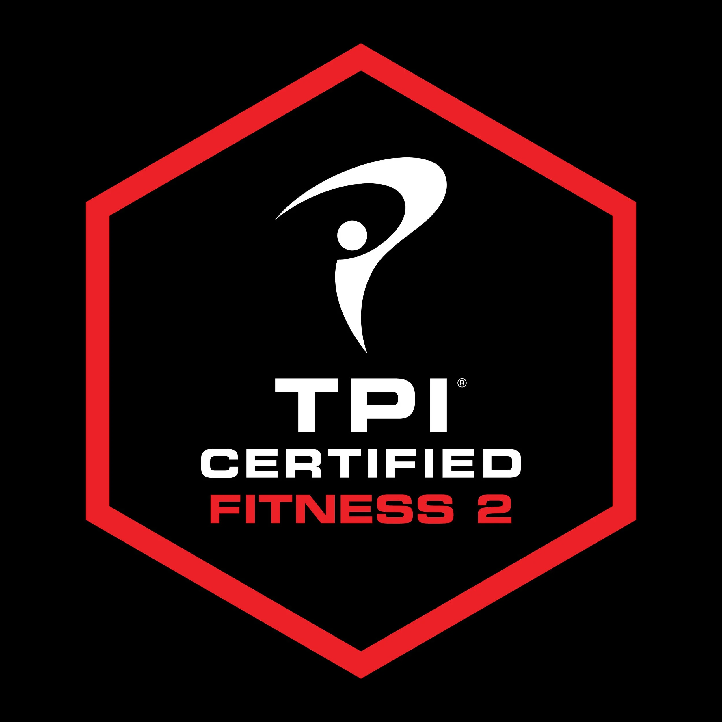 TPI Certified Fitness 2 logo with a black background, white and red text, and a stylized white human figure inside a red hexagon.