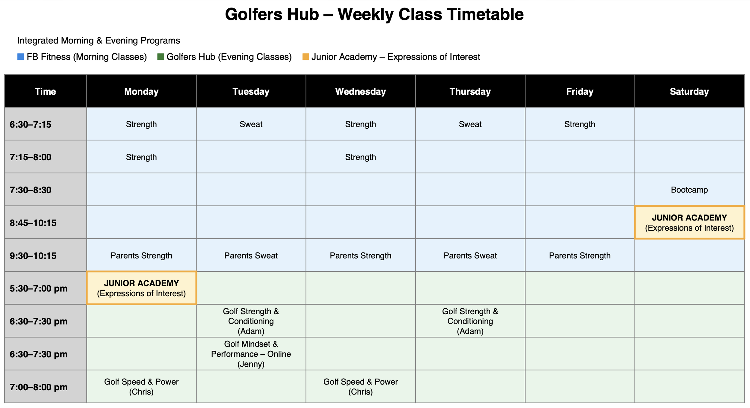 timetable of class on offer at golfers hub