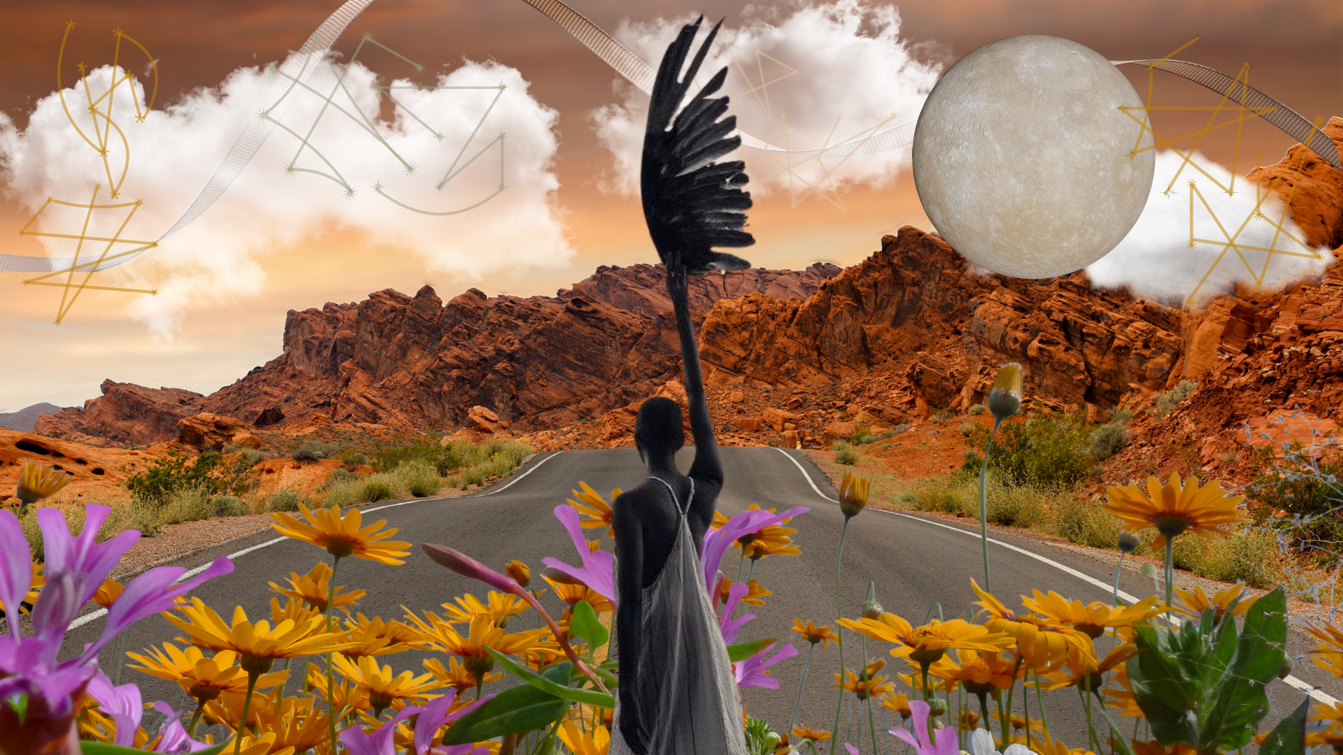A collage - surreal scene featuring a person standing in a field of colorful flowers, holding an umbrella with a mountain road in the background. The sky is cloudy with large clouds, a bright moon, and abstract geometric shapes floating in the sky.