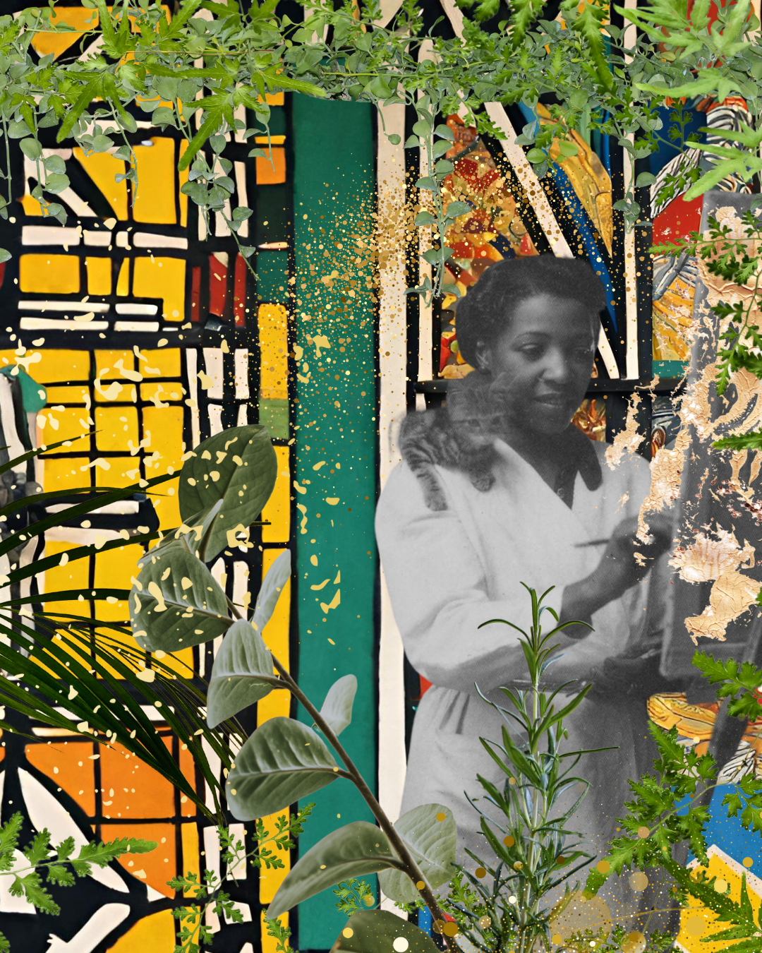 Black and white photo of a woman holding a kitten, surrounded by vibrant, colorful paintings and lush green plants.