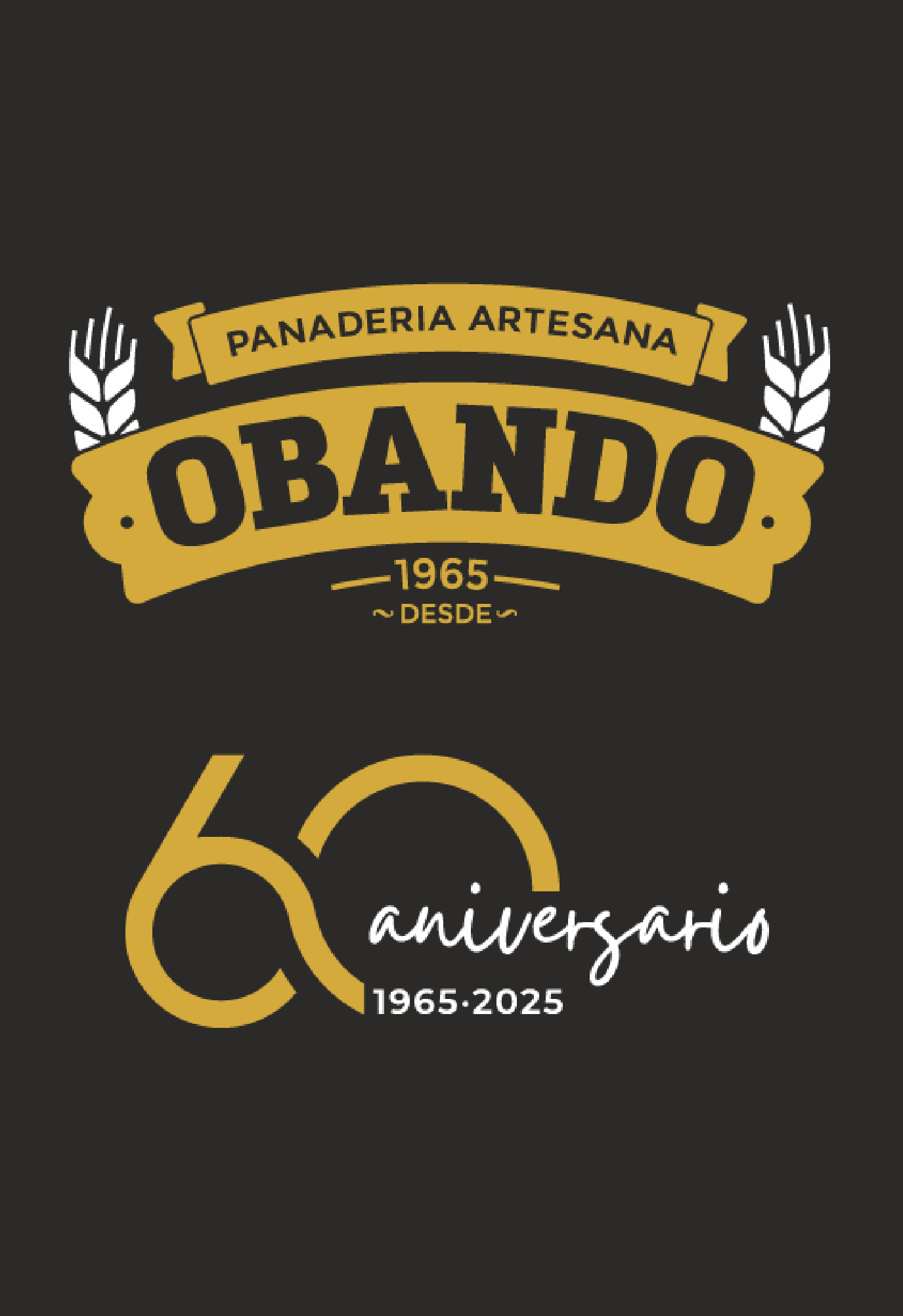 Diseño de logotipo que celebra el 60 aniversario de una panadería artesanal llamada Obando, fundada en 1965, con elementos en color dorado, blanco y negro.