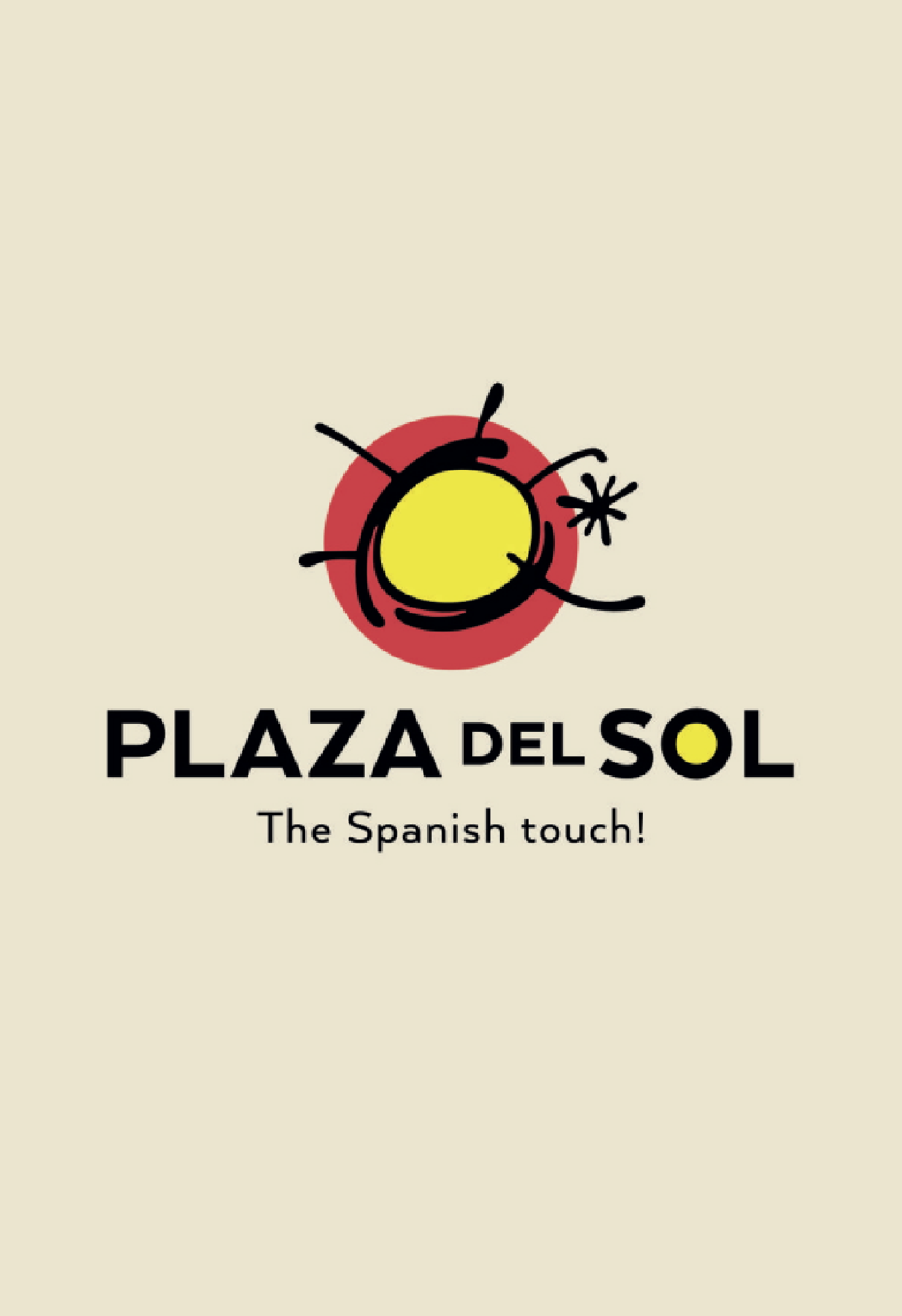 Logotipo con un dibujo abstracto del sol y el texto "PLAZA DEL SOL" y la frase "The Spanish touch!" debajo.