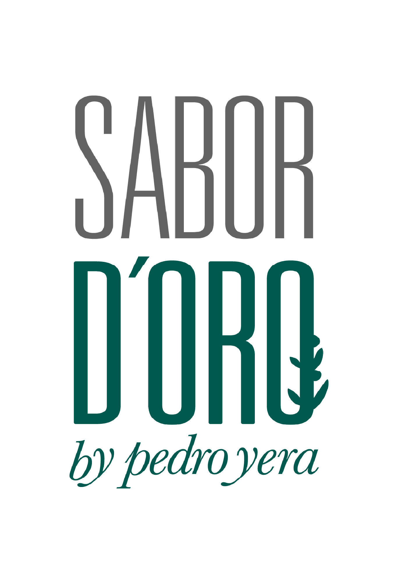 Texto que dice 'Sabor D'oro' con letrra de color gris y verde, y una hoja de laurel en la letra 'D'.
