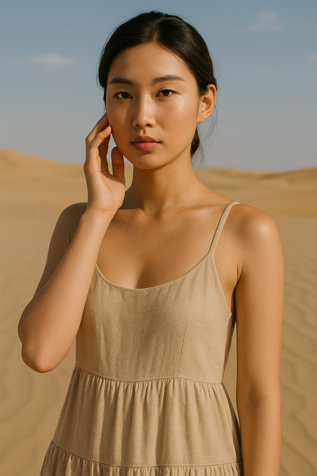 A young woman with smooth skin and dark hair, wearing a beige dress with spaghetti straps, standing in a desert landscape with sand dunes and a blue sky in the background.