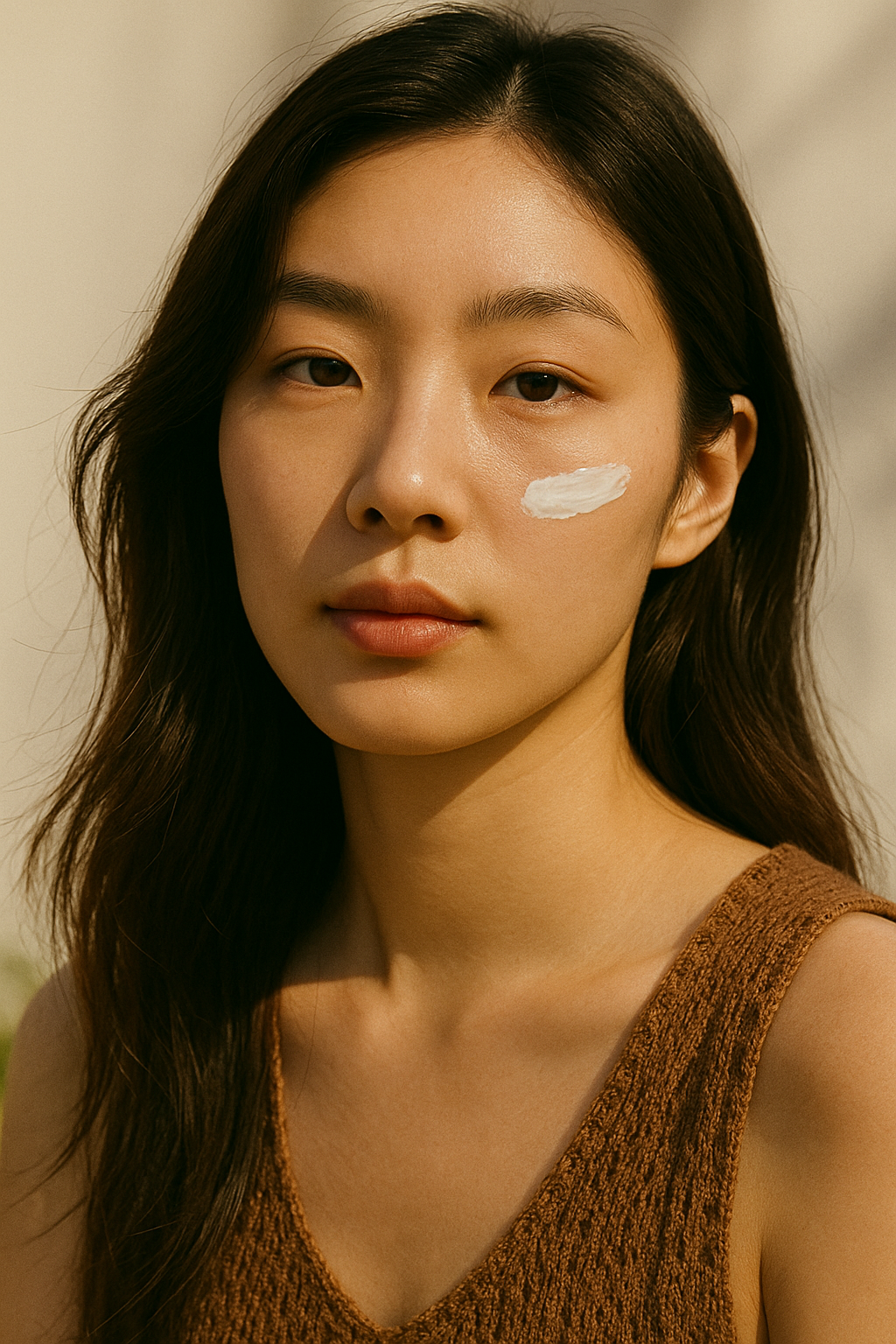 Close-up of a young woman with long dark hair and natural makeup, wearing a brown textured sleeveless top, with a white streak of cream on her cheek, outdoors in natural light.