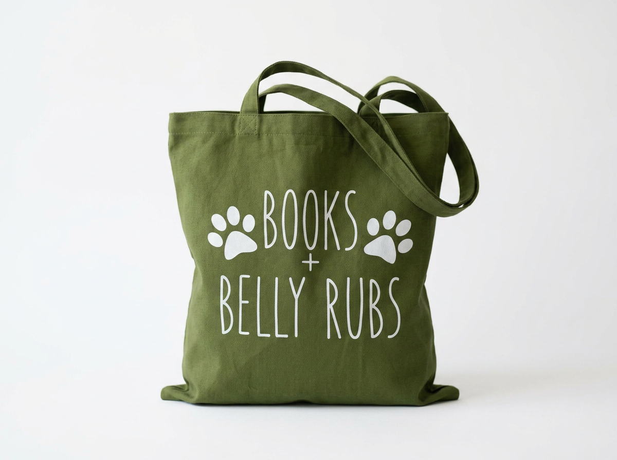 "Books & Belly Rubs" Green Cotton Tote