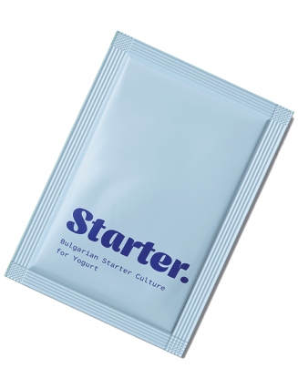 A small packet of starter culture for yogurt, labeled "Starter: Bulgar-Style Starter Culture for Yogurt."