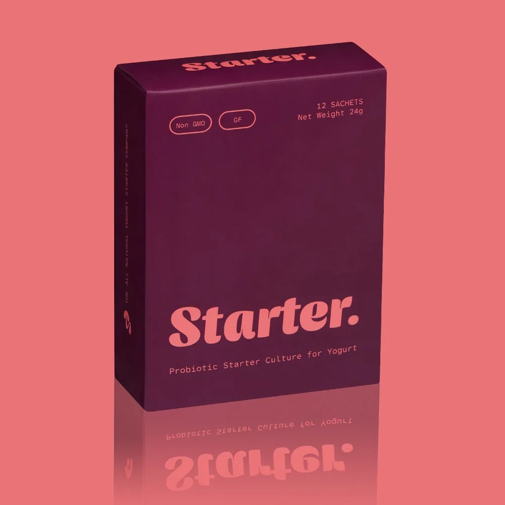 A purple box labeled 'Starter' and 'Probiotic Starter Culture for Yogurt' on a pink background.