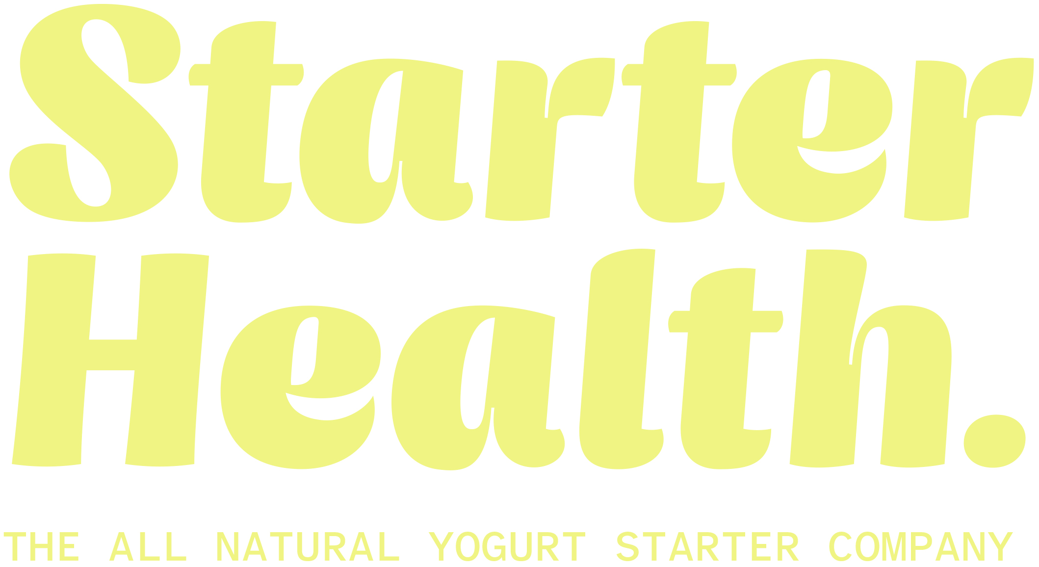Yellow text on black background reads "Starter Heredity" with smaller text below stating "The all natural yogurt starter company".