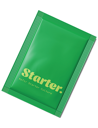Green starter culture packet labeled 'Starter: Kefir starter culture'.