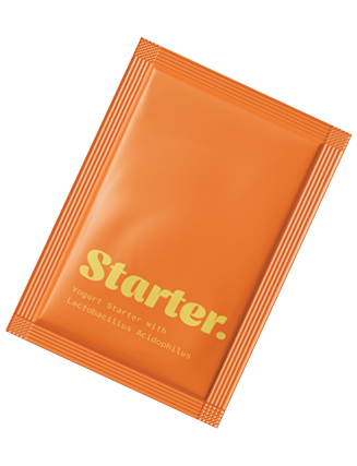 Orange packet labeled "Starter" with yogurt starter culture containing Lactobacillus acidophilus.