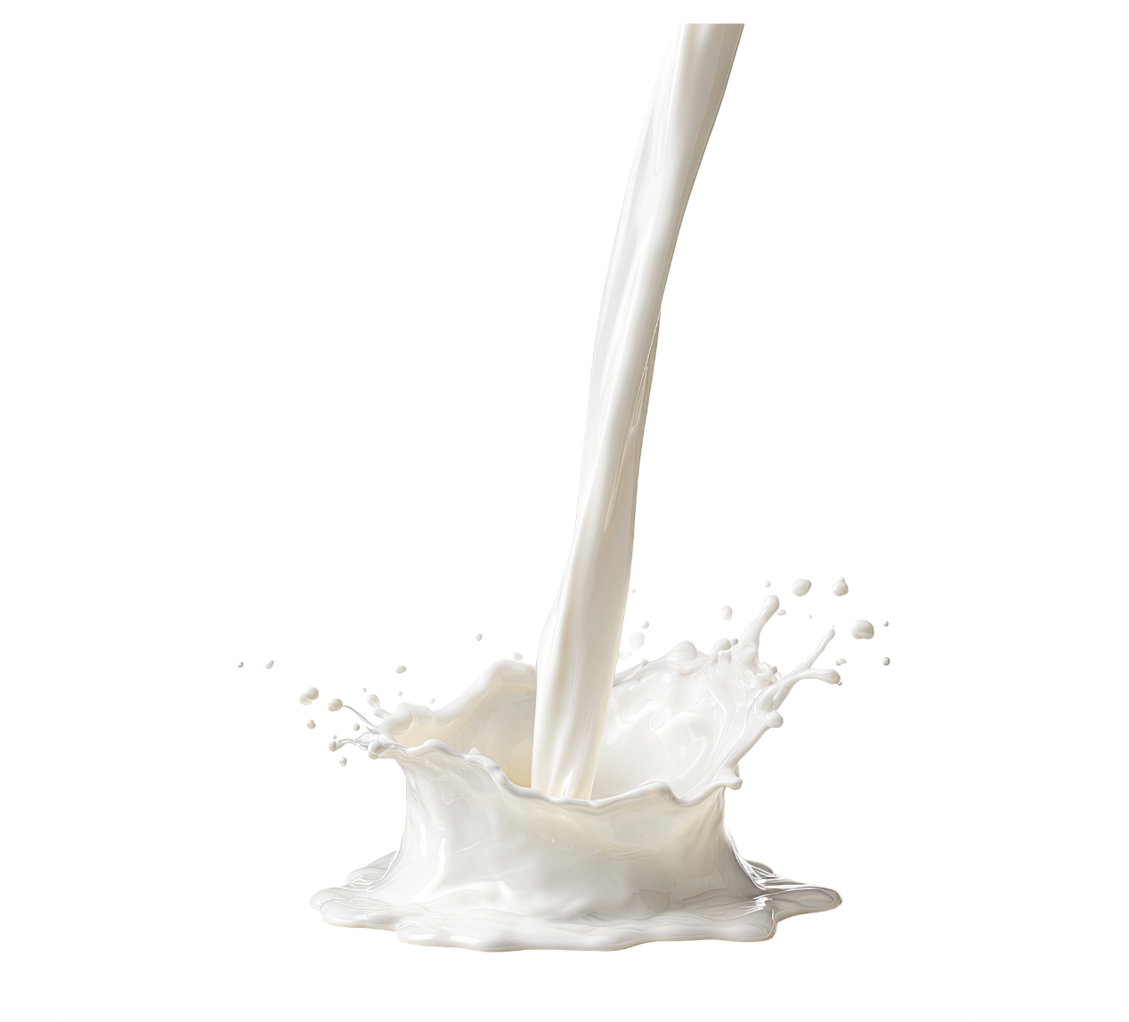 Milk being poured into a splash on a white background.