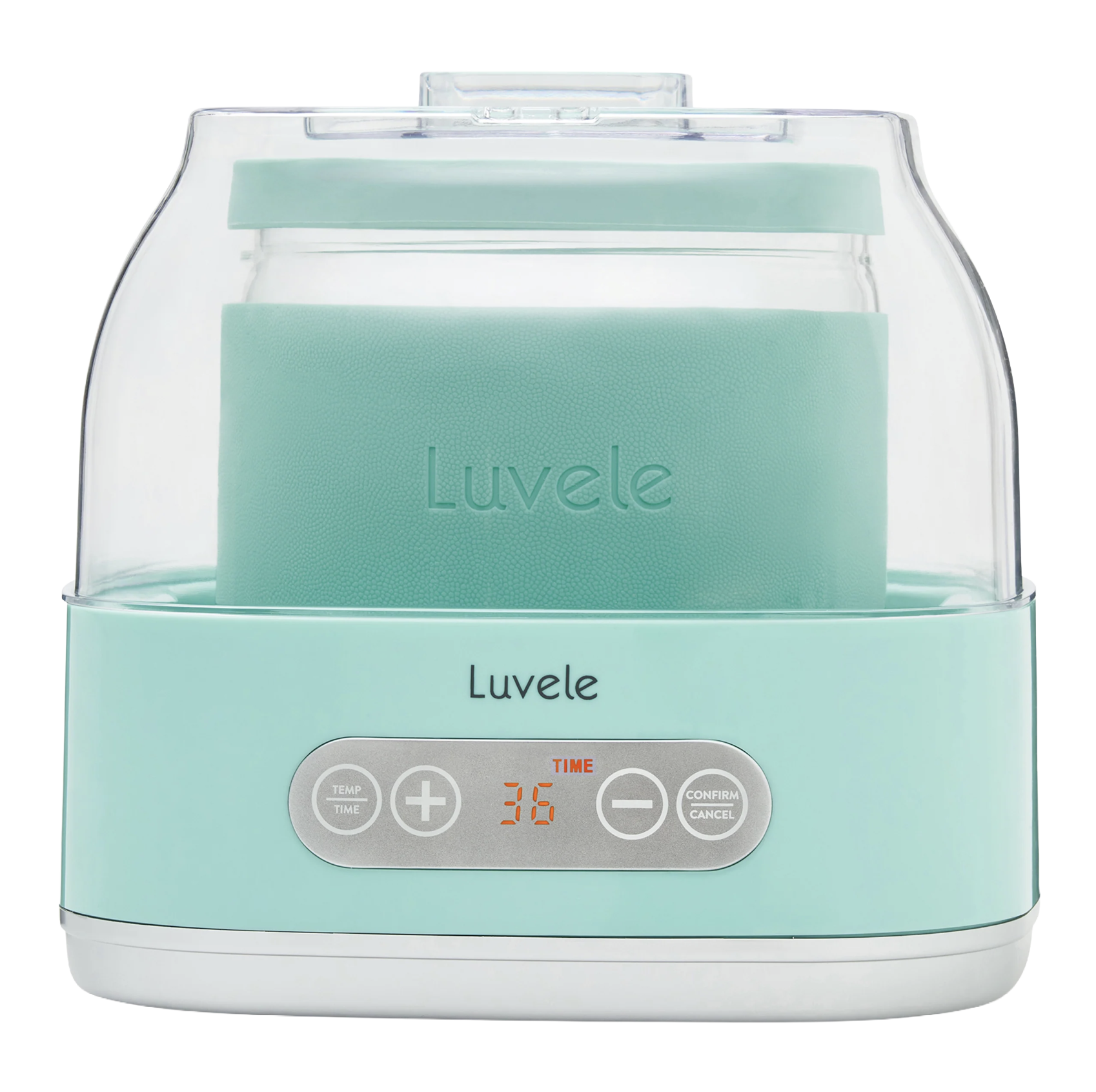 A Luvele brand digital food dehydrator with a clear plastic cover, digital control panel showing temperature and time, and a turquoise interior with stacked trays.