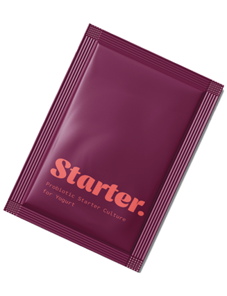A purple packet labeled "Starter: Probiotic starter culture for yogurt."