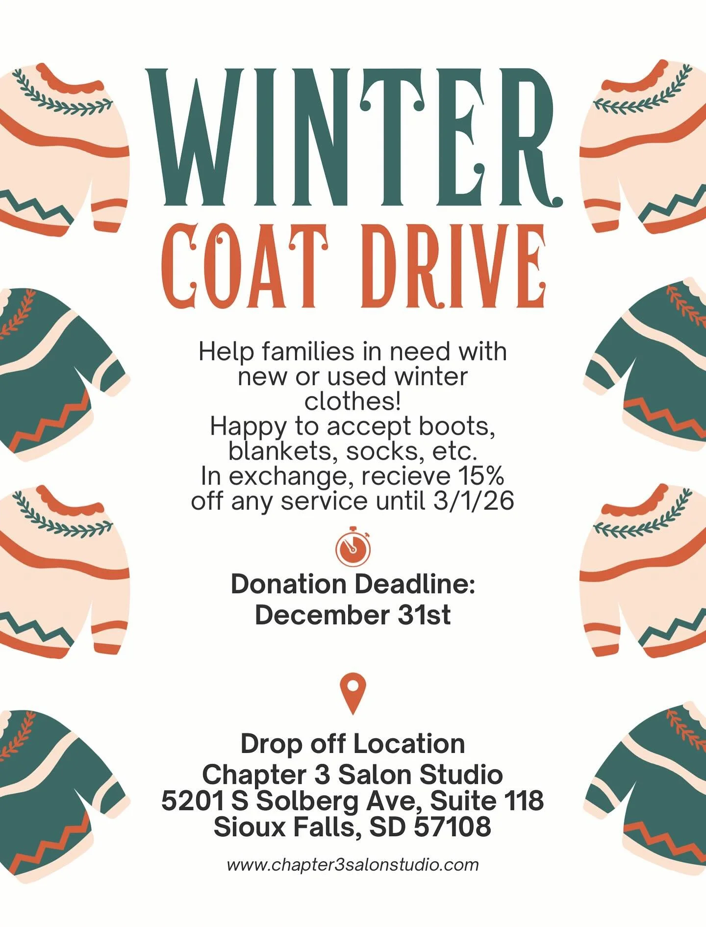 Together, we can write a warmer chapter for Sioux Falls.
Donate winter wear at Chapter 3 and receive 15% off your next appointment.
Coat drive ends Dec 31.

#siouxfalls #siouxfallssalon #siouxfallshairstylist