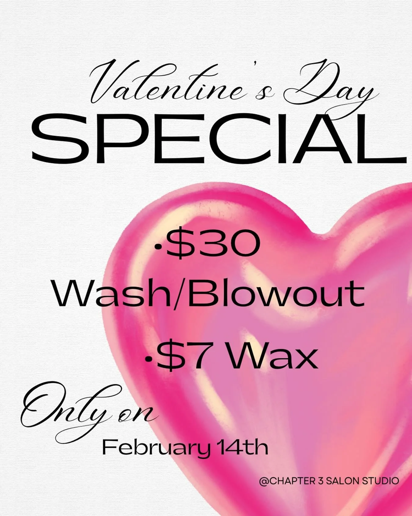 Fall in love with your look this Valentine&rsquo;s Day 💘
This Valentine&rsquo;s Day only, treat yourself (or your bestie) to our Valentine&rsquo;s Special ✨
💖 $30 Wash &amp; Blowout (regularly $50)
💖 $7 Wax (regularly $15)
One day only &mdash; Feb