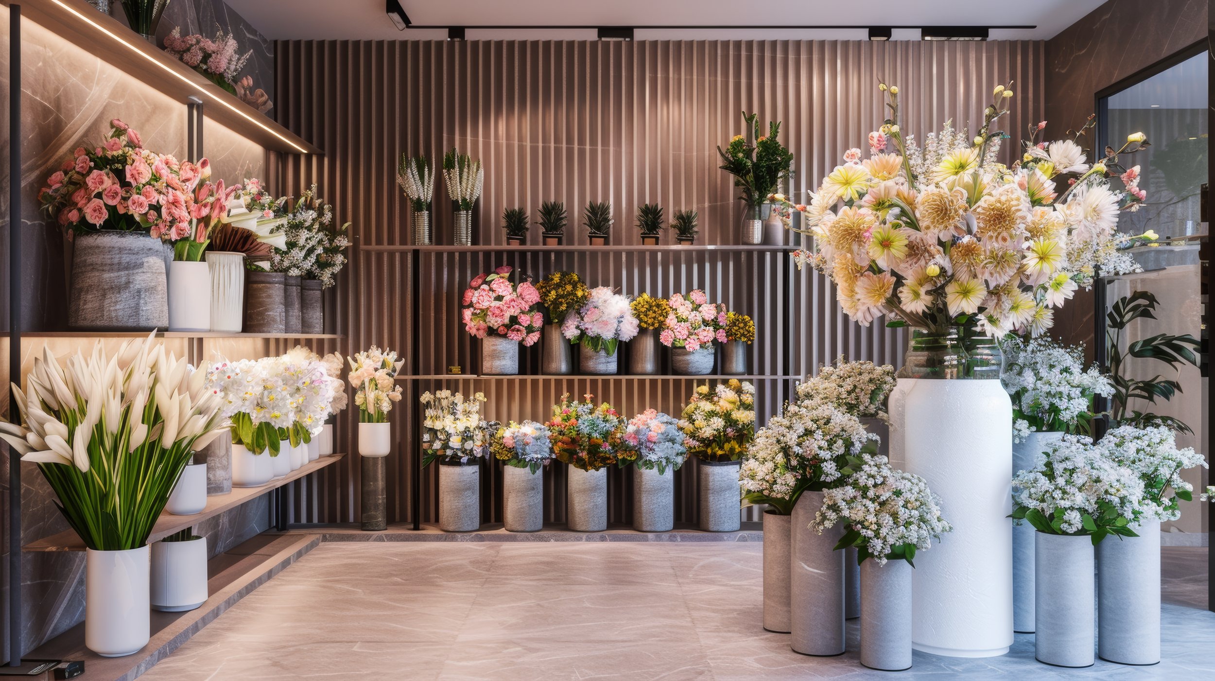 Interior of a flower shop with various pink, white, and yellow flowers in vases and pots, arranged on shelves and the floor.