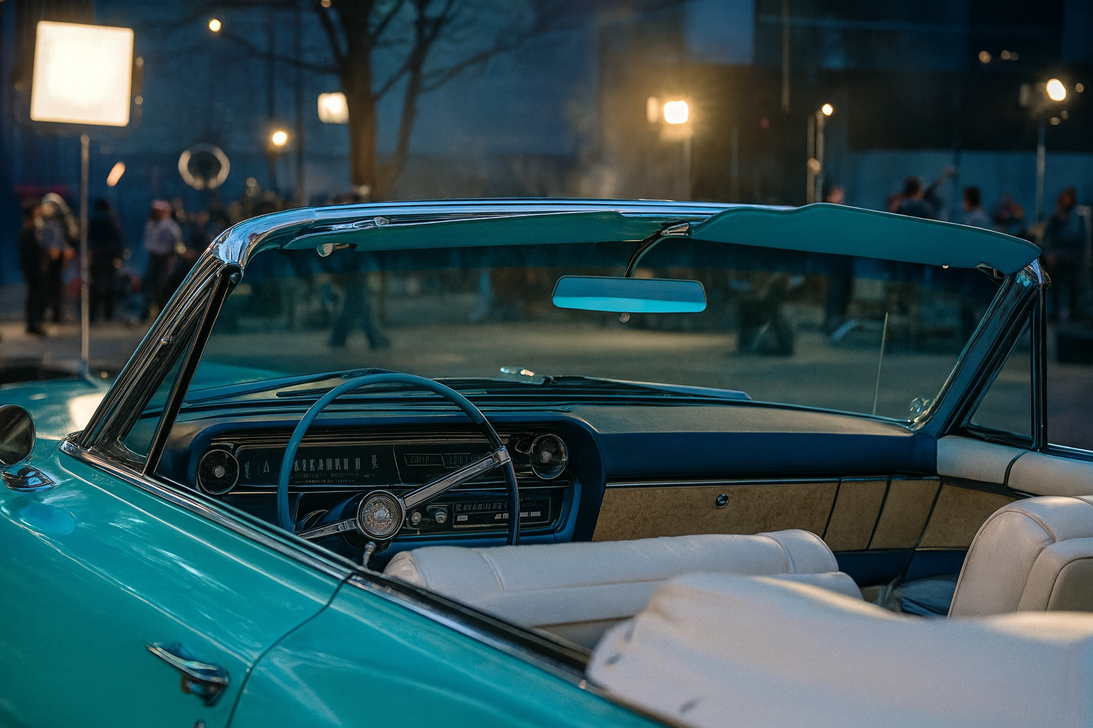 Close-up of the rear end of Charlene, a 1964 Cadillac Eldorado convertible in Turino Turquoise, showing the Cadillac emblem and tail light, with a park fountain and trees in the background.