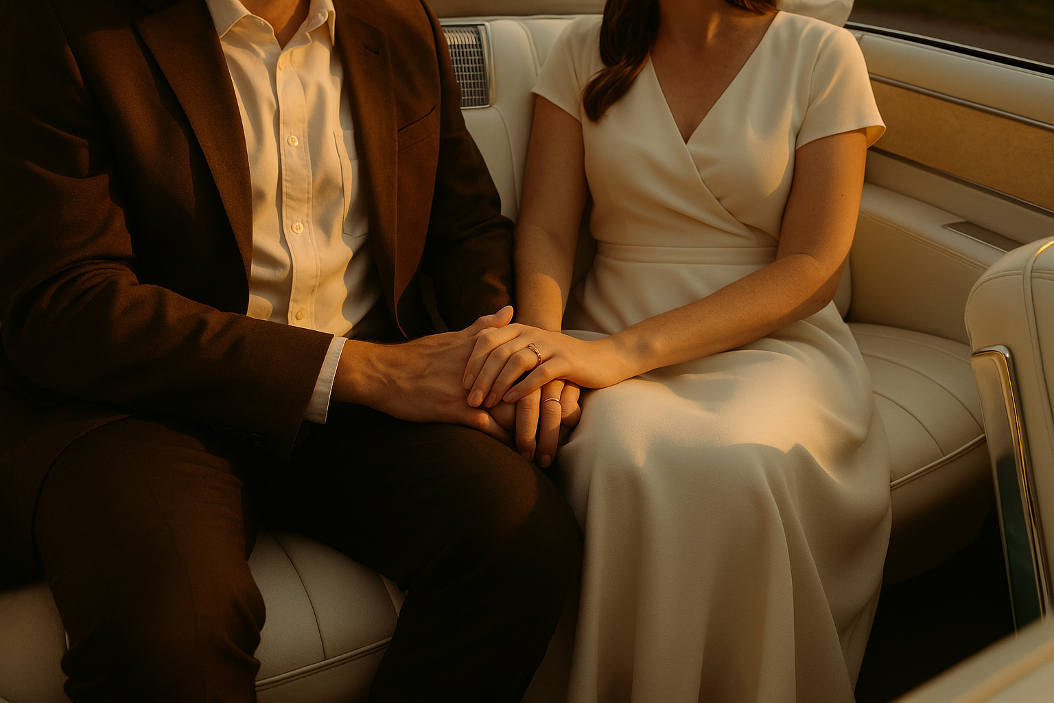A man and woman sitting closely in a vintage car, holding hands with wedding rings visible.