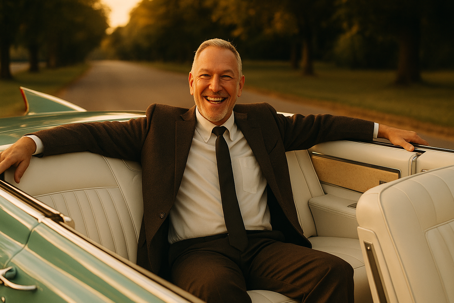 A smiling man in a suit and tie sitting in the backseat of a classic green vintage car with white interior, on a tree-lined road at sunset.