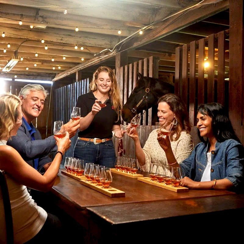 Group of people enjoying a whiskey tasting, with glasses of whiskey on trays, in a rustic setting with string lights and a horse in the background.