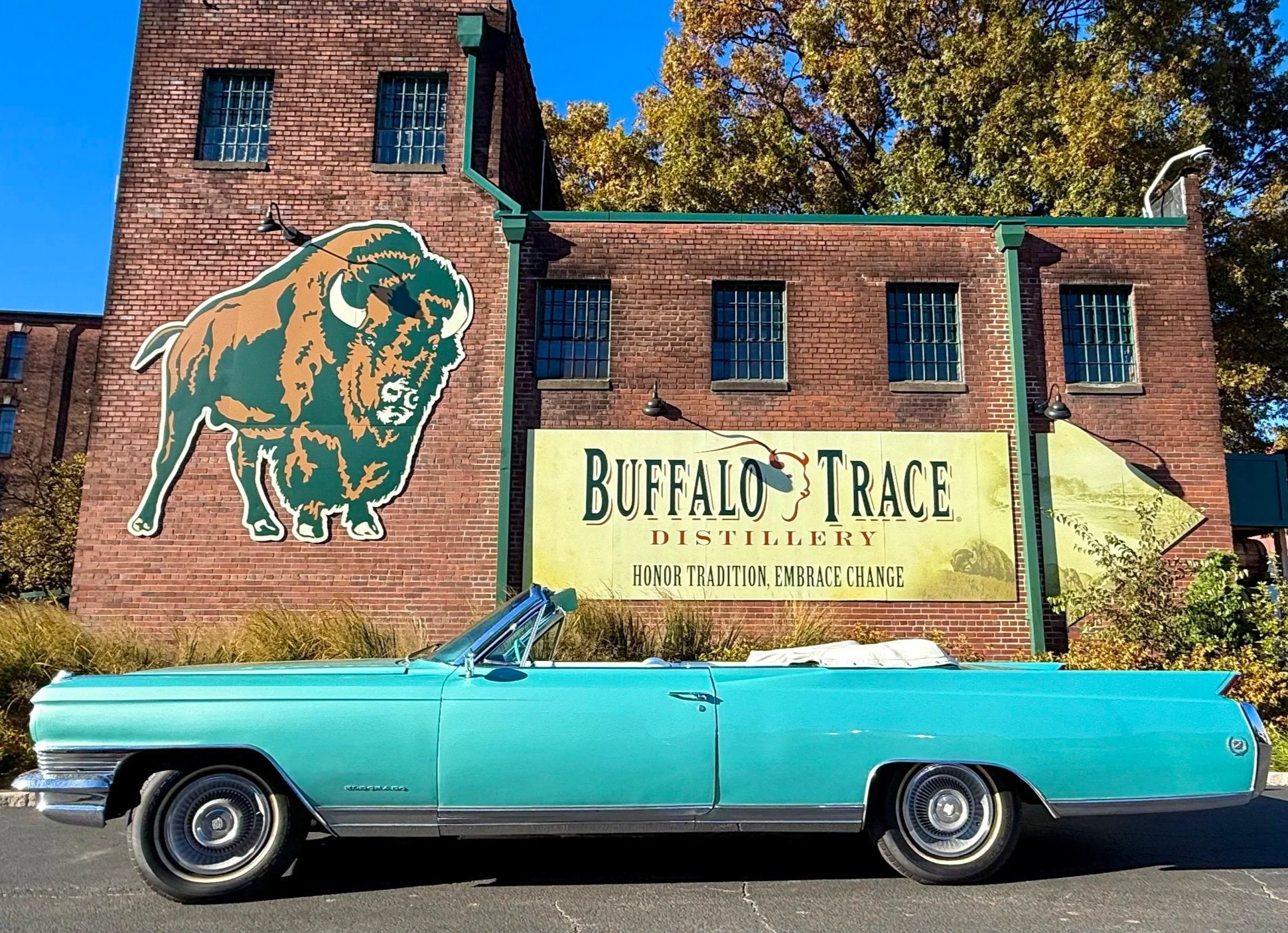 Charlene, a 1964 Cadillac Eldorado convertible in Turino Turquoise, parked in front of a red brick building with a Buffalo Trace Distillery sign and a buffalo logo on the wall.