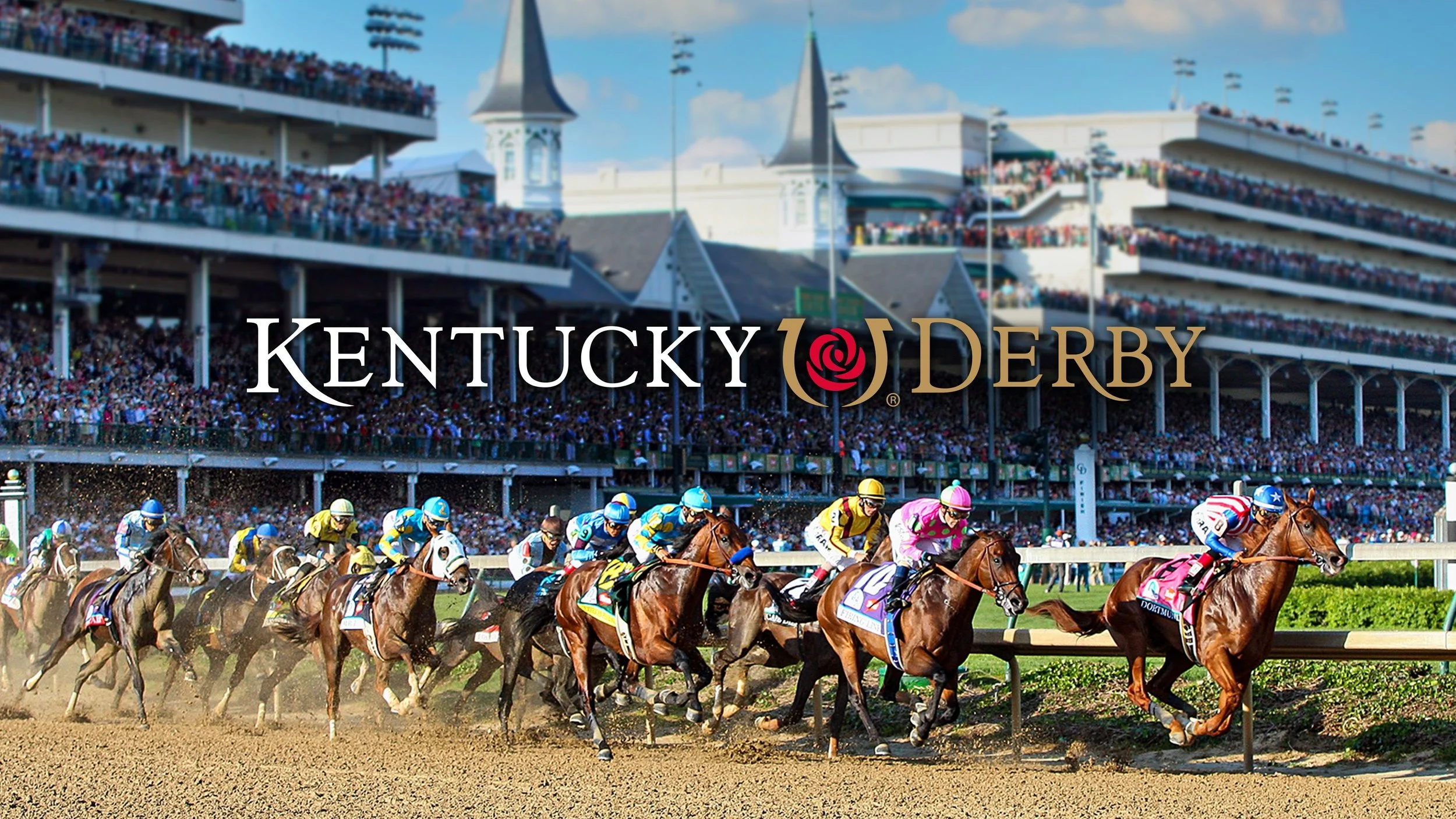 A horse race at Kentucky Derby with jockeys on horses competing on the dirt track, crowd in the grandstands, and blue sky above.