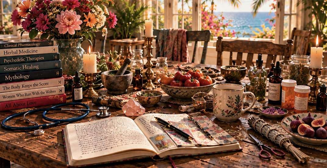 A cluttered wooden table with books, candles, flowers, medical supplies, fruits, a mug, and various bottles in a cozy outdoor setting with a view of the ocean and tropical plants.