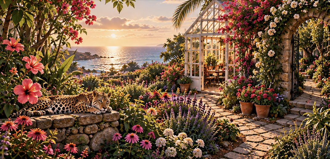 A leopard resting on a stone wall surrounded by vibrant pink and white flowers in a lush garden, with a greenhouse in the background and an ocean view at sunset.