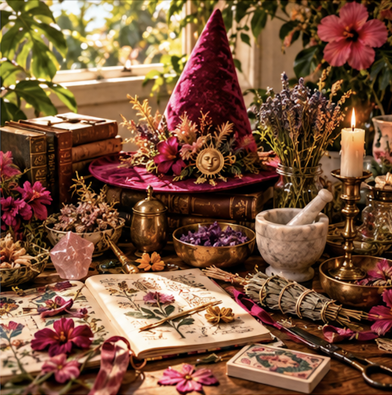 A tabletop decorated with a pink pointed hat adorned with a moon face pin, surrounded by flowers, books, candles, herbs, and a mortar and pestle, creating a mystical and botanical setting.