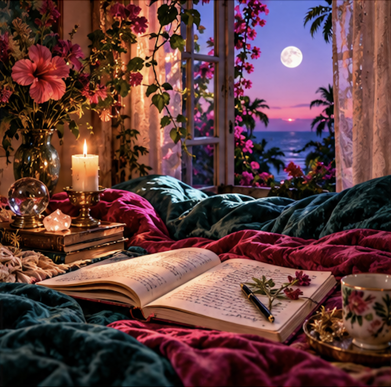 A cozy bedroom with velvet bedding in teal and pink, an open book with a pen and a sprig of flowers, a lit candle, decorative stones, a cup with floral design, and a large window showing a sunset over the ocean with pink flowers and palm trees outside.