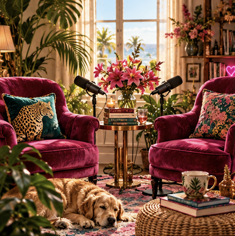 Living room with pink velvet armchairs, floral cushions, a golden side table with books, flowers, and microphones, large window with views of palm trees and blue sky, and a golden retriever dog lying on a colorful rug.