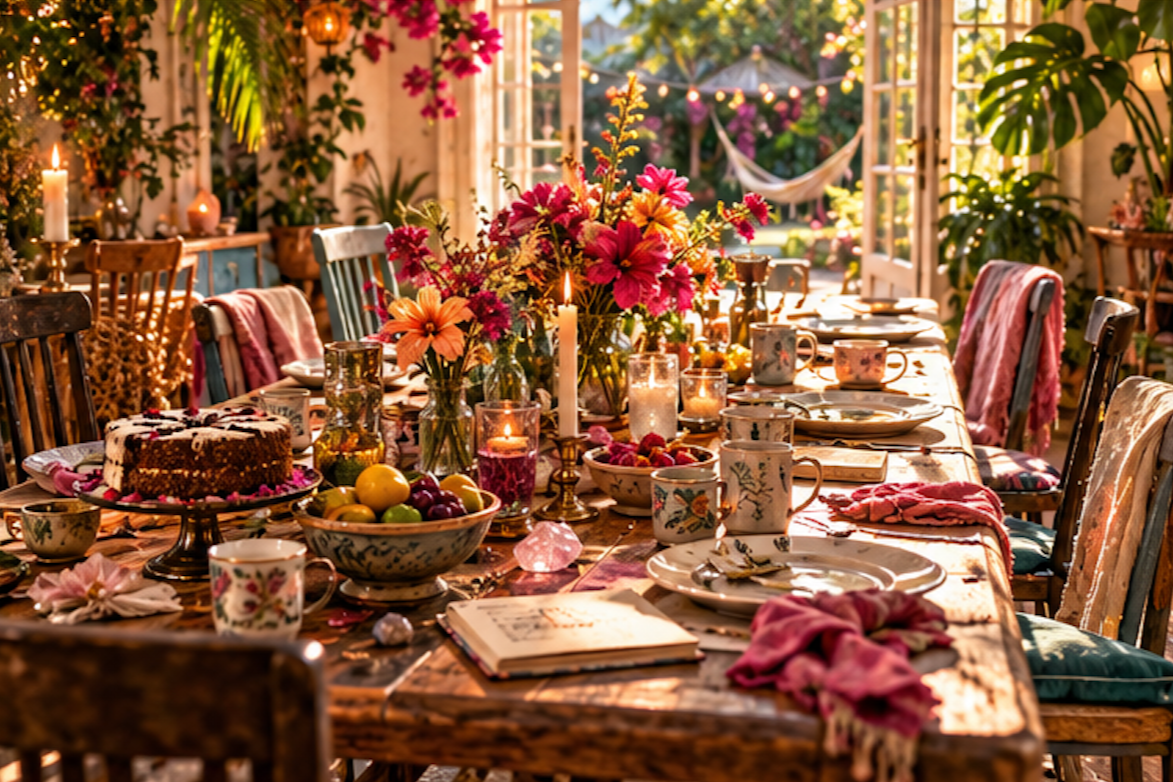 A beautifully decorated indoor dining table set for a celebration, with floral centerpieces, candles, teacups, plates, and a cake, surrounded by chairs with colorful cushions, in a sunlit room with large windows and lush greenery outside.