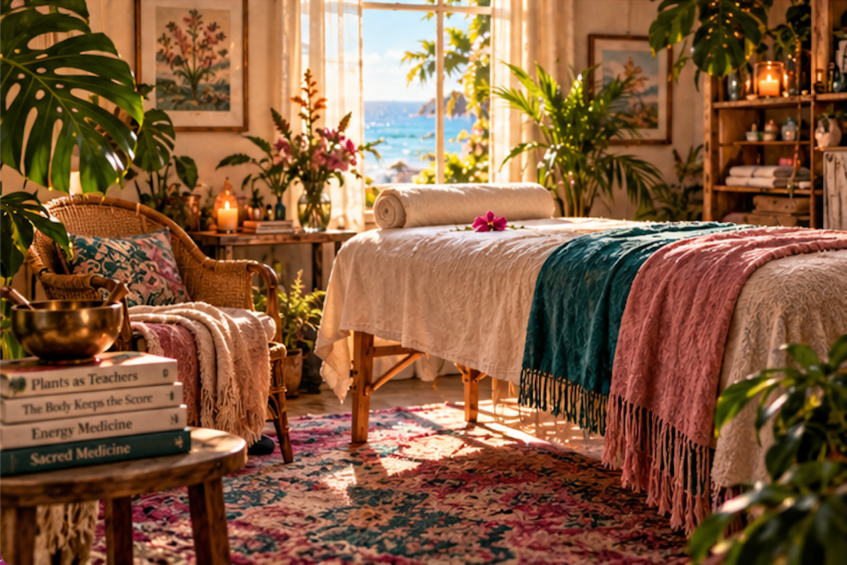 A cozy, sunlit massage room with a massage table draped in cream, pink, and blue throws, surrounded by lush green plants, candles, books, and floral arrangements, with a view of the ocean through a window.