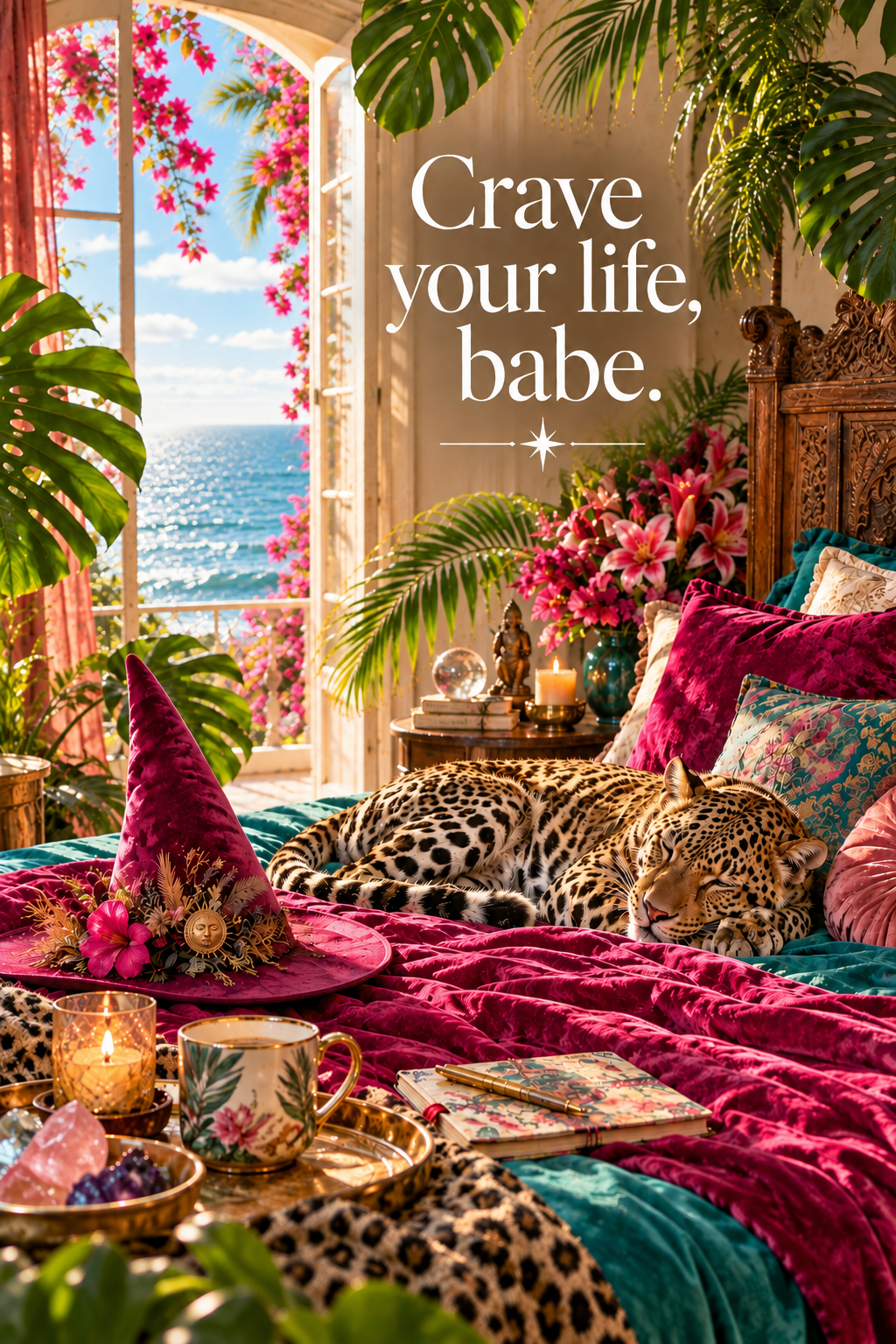 Luxurious bedroom with colorful velvet bedding, tropical plants, pink flowers, and a view of the ocean through an open window. A leopard is sleeping on the bed, and there are candles, a decorative witch hat, a cup with a floral design, and notebooks on a table.