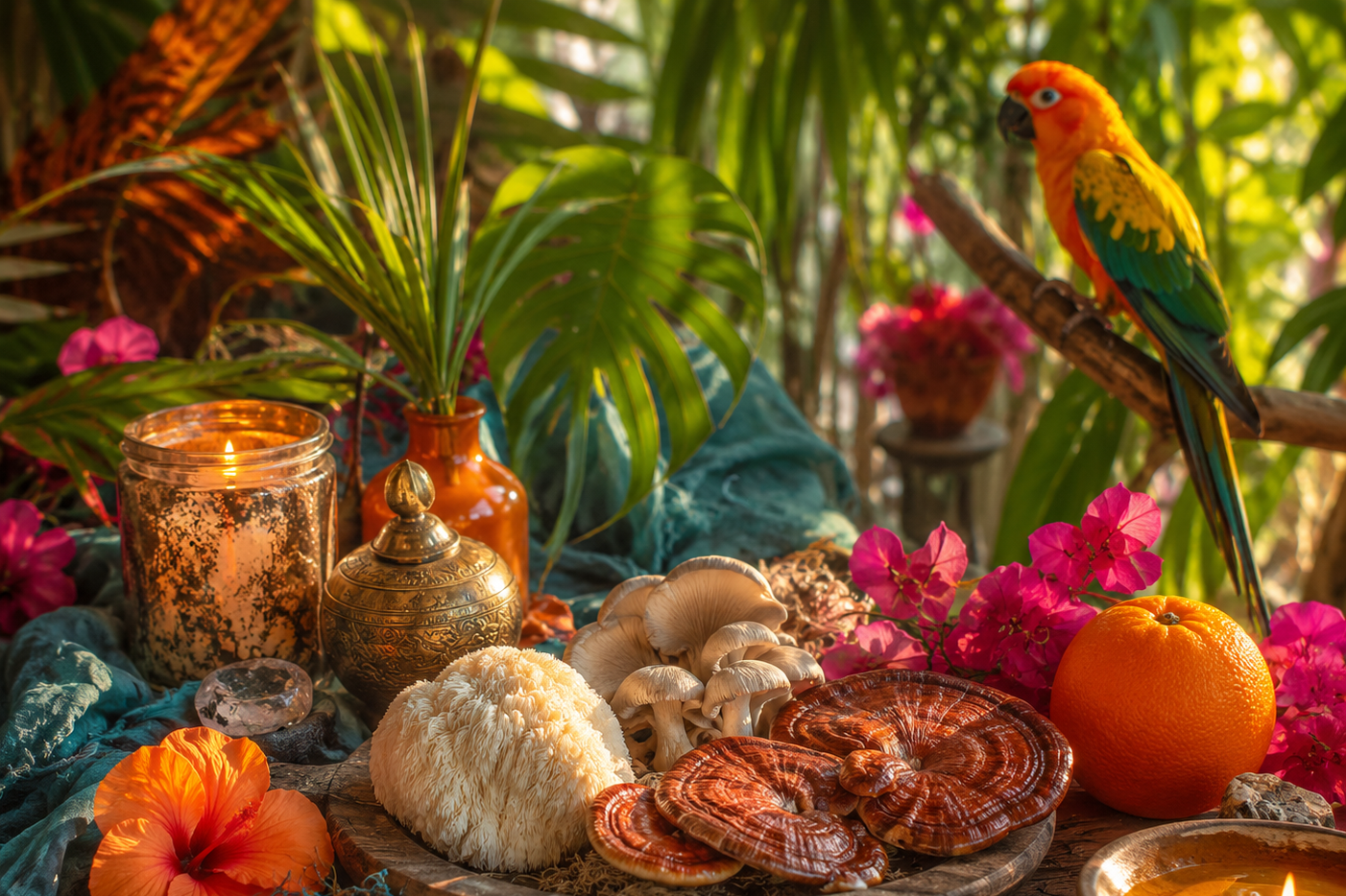 Colorful tropical scene with mushrooms, an orange, pink flowers, green leaves, a parrot and decorative objects.