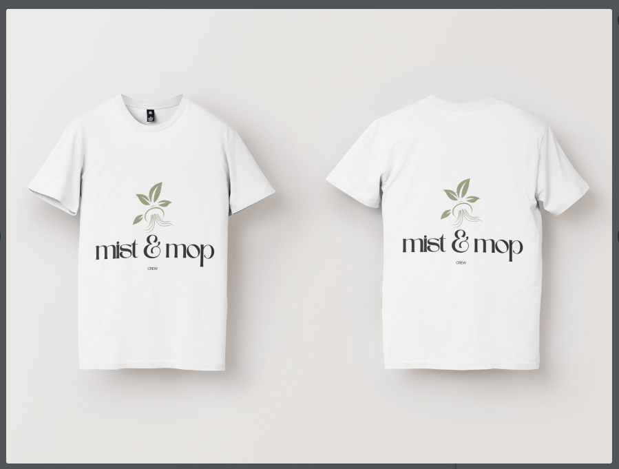 White T-shirt with a logo of a plant sprout and the text 'mist & mop CREW' displayed from front and back views.