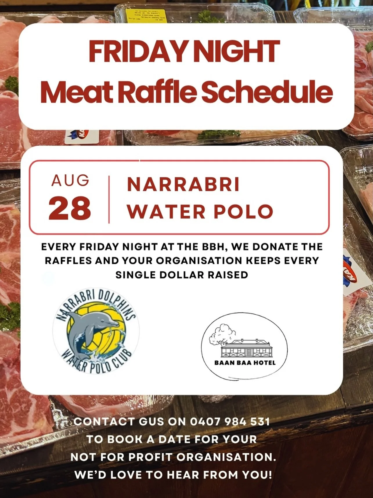 This Friday night join us to raise funds for the Narrabri Water Polo Club. 

Great meat raffles and prizes all donated by the Baan Baa Hotel. 

Spread the word! See you Friday&hellip;

#baanbaahotel #pub #fridaynights #supportlocal #narrabri