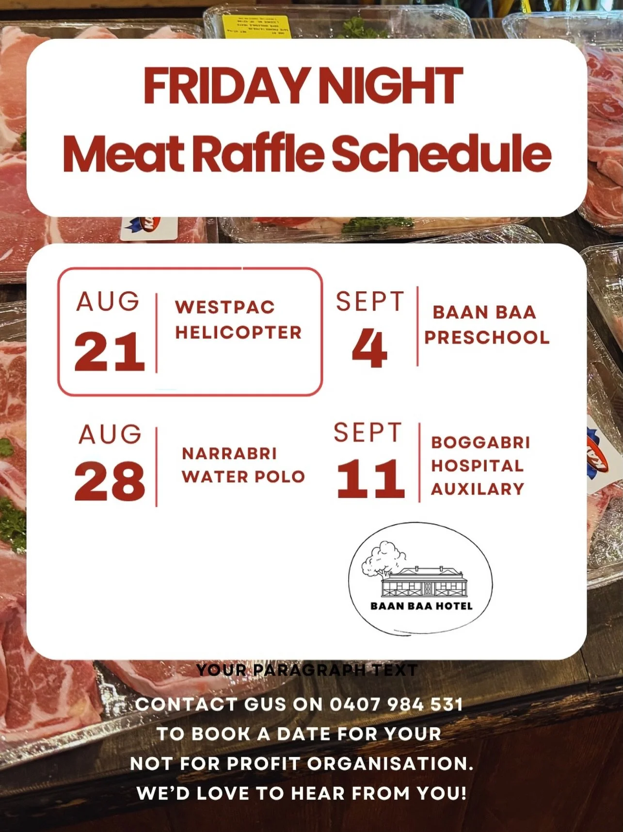 Your Friday night is sorted! Come and join us for tonight&rsquo;s MEAT RAFFLE at Baan Baa Hotel. We will be raising funds for a very important service in our community the WESTPAC HELICOPTER. 

#baanbaahotel #meatraffle #pub #westpachelicopter #commu