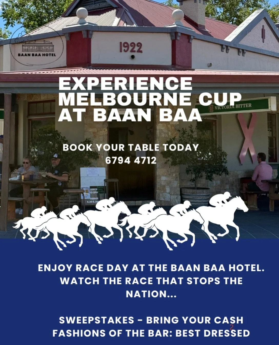 Melbourne Cup Day at the Baan Baa Hotel! 

Enjoy all the energy around Cup Day with us! Join us for lunch and share in the fantastic celebration of the race that stops the nation.
+ Sweeps
+ Best Hat prize
+ Best Dressed prize
And you never know... t