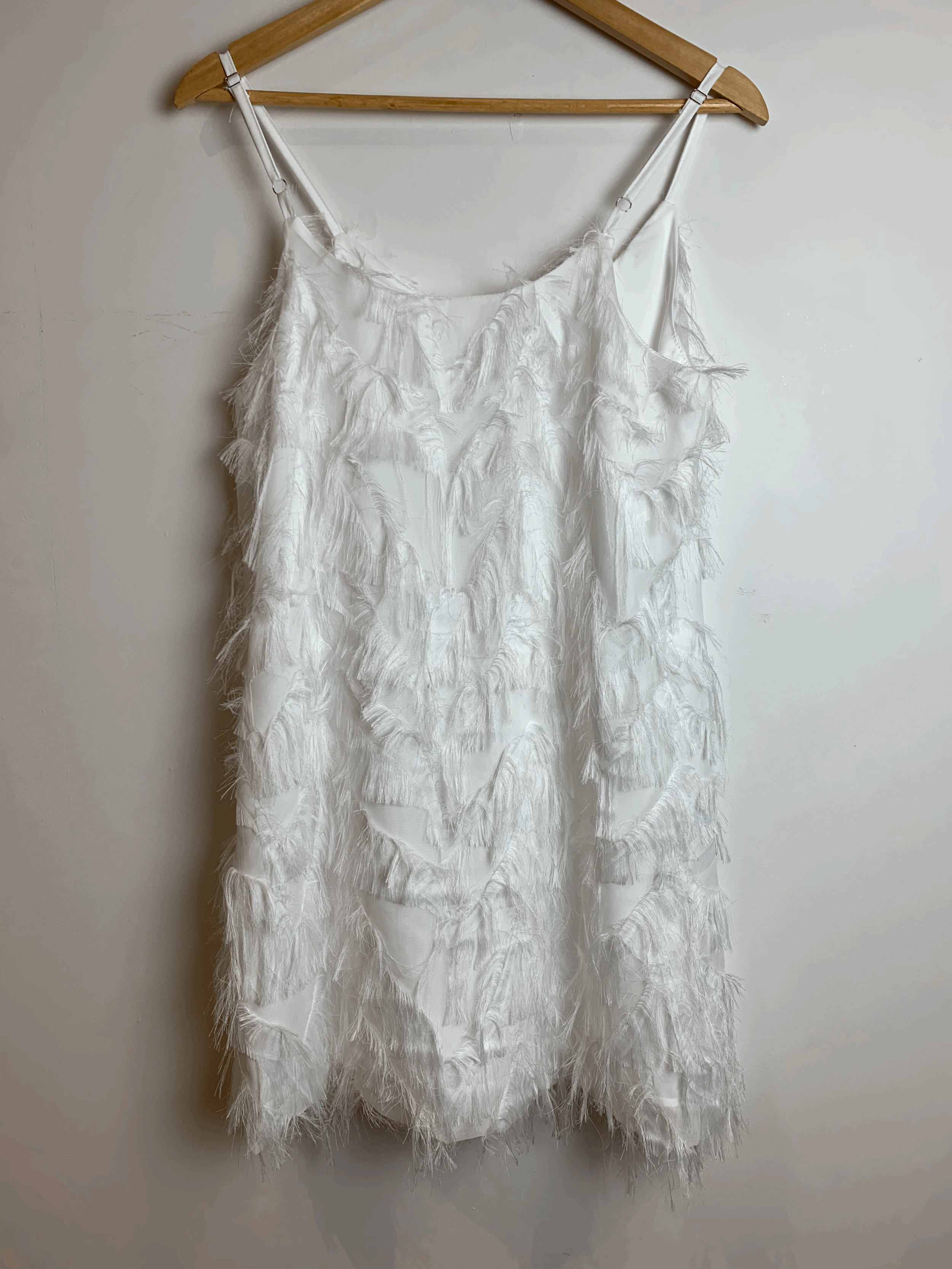 Tassel Dress | Size M white, short, fleck tassels, thin straps, fully lined