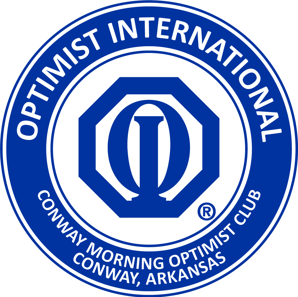 Logo of the Conway Morning Optimist Club with blue and white colors, featuring an octagonal shape surrounding the initials 'O' and 'O' and the text 'Optomist International' and 'Conway, Arkansas'.