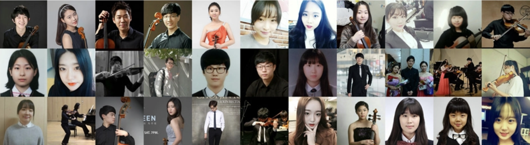 Collage of young Asian individuals, some holding violins or pianos, posing for photos, some in formal attire, in various indoor and outdoor settings, with a focus on music performance and practice