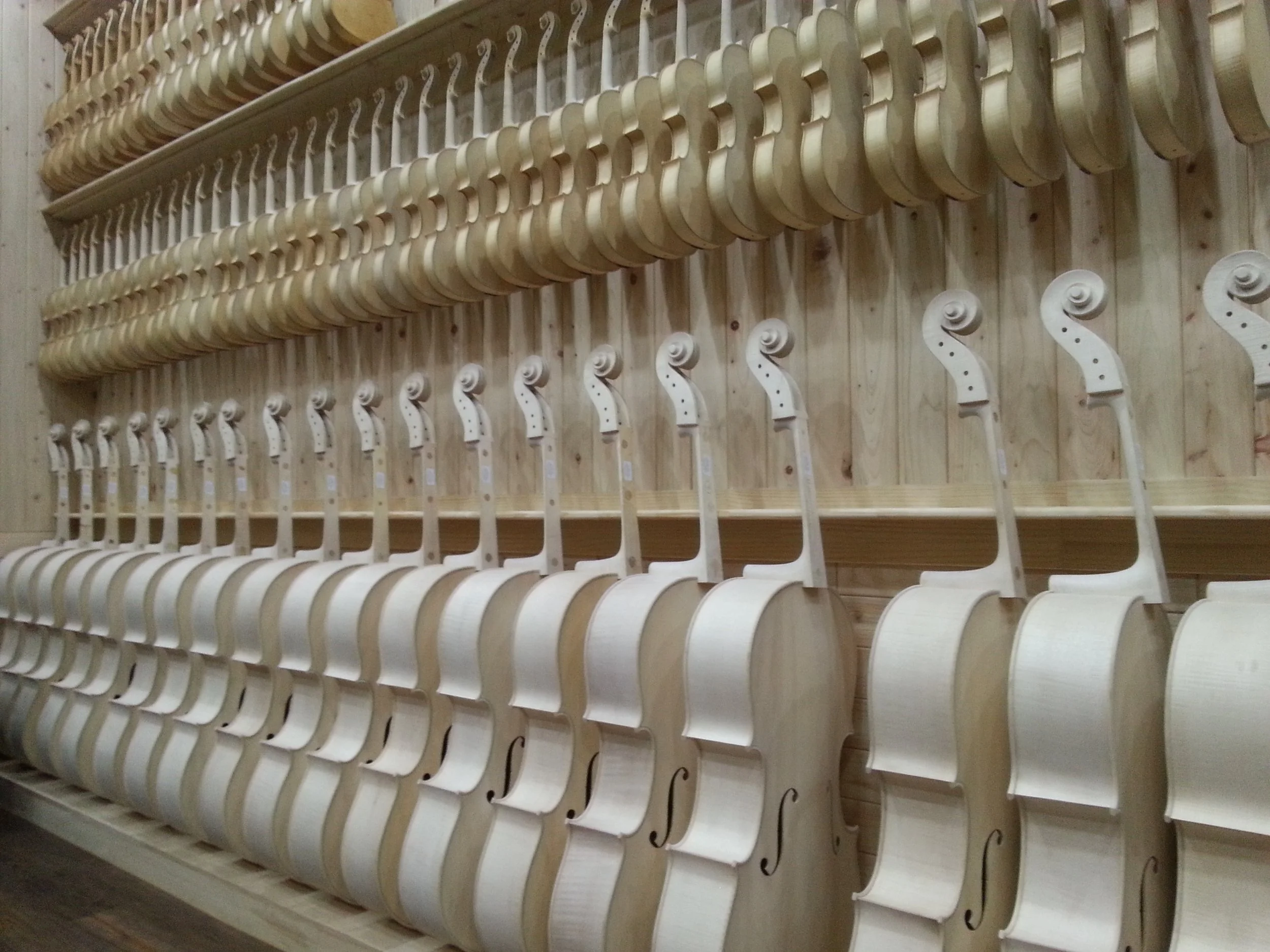 Rows of unassembled violins hanging on a wooden wall in a workshop