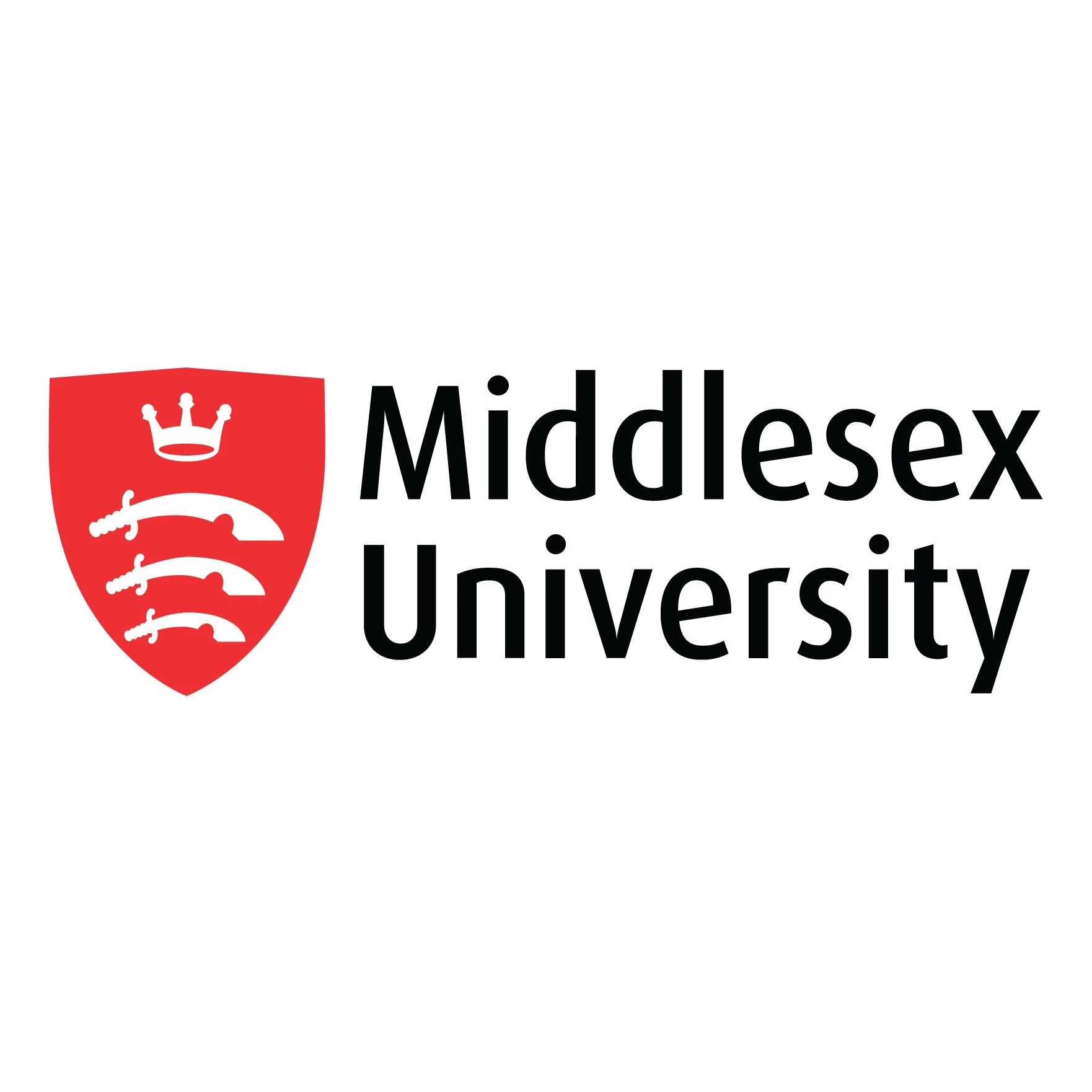 Middlesex University logo with a red shield emblem containing three white swords and a crown, accompanied by the black text 'Middlesex University'.