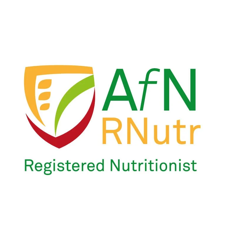 Logo for a registered nutritionist, featuring a shield with a leaf and wheat symbols with green, yellow, and red colors and the text 'AFN RNu' and 'Registered Nutritionist'.